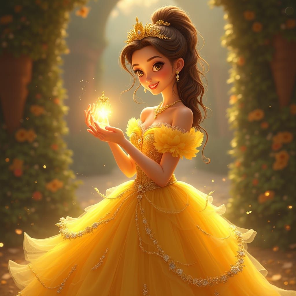 Regal Princess in Enchanted Ball Gown, Holding Magical Jewel