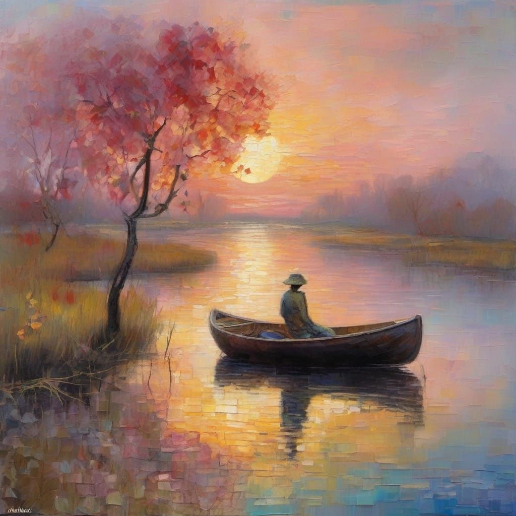 Impasto Surrealist Landscape with Sunset and Lonely Fisherma...