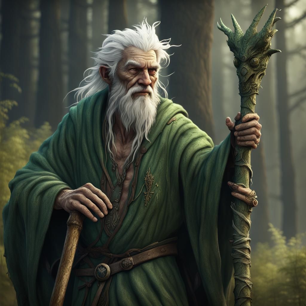 Elderly Druid with Walking Stick, Fantasy Art