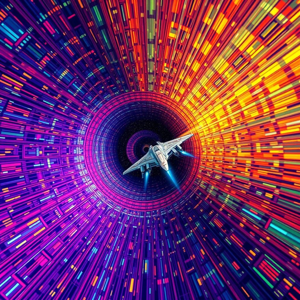 Spaceship Soaring Through Psychedelic Wormhole