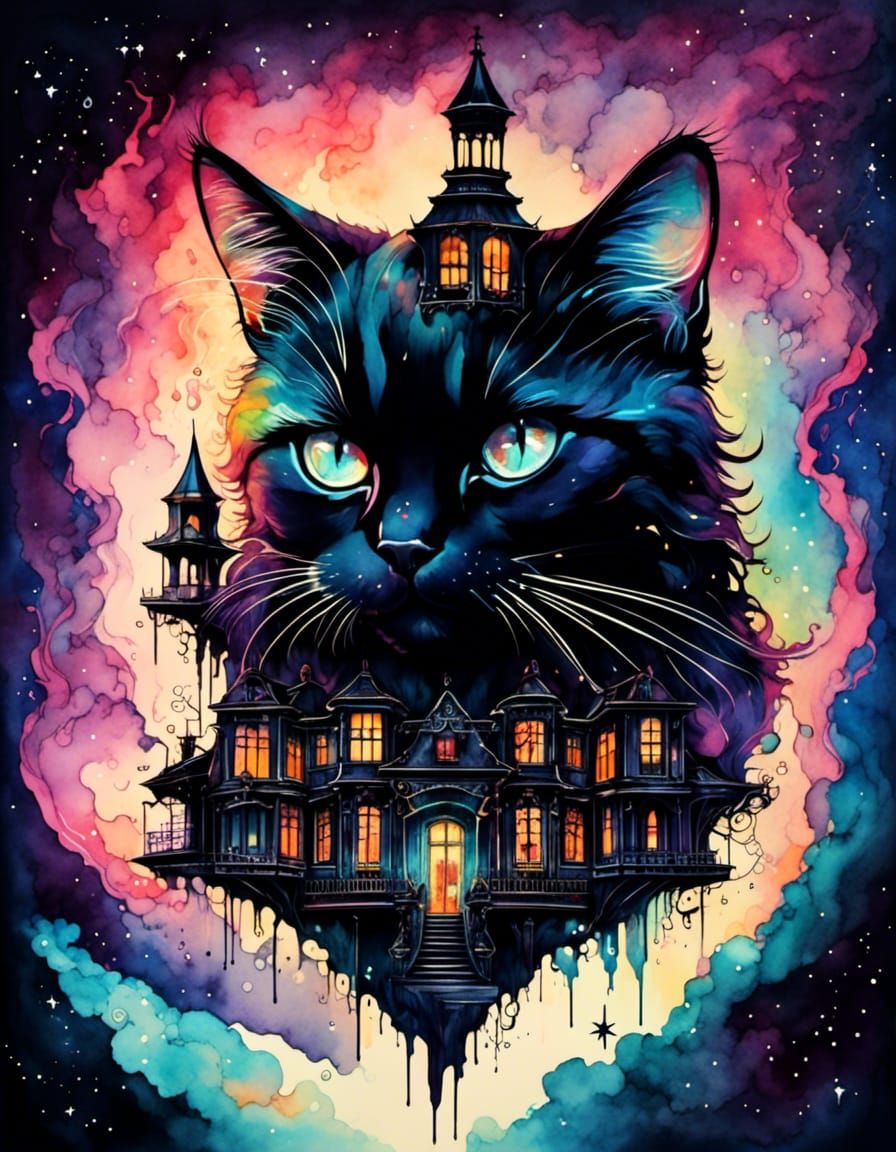 Nebula Black Cat in Dilapidated Mansion, Alcohol Ink