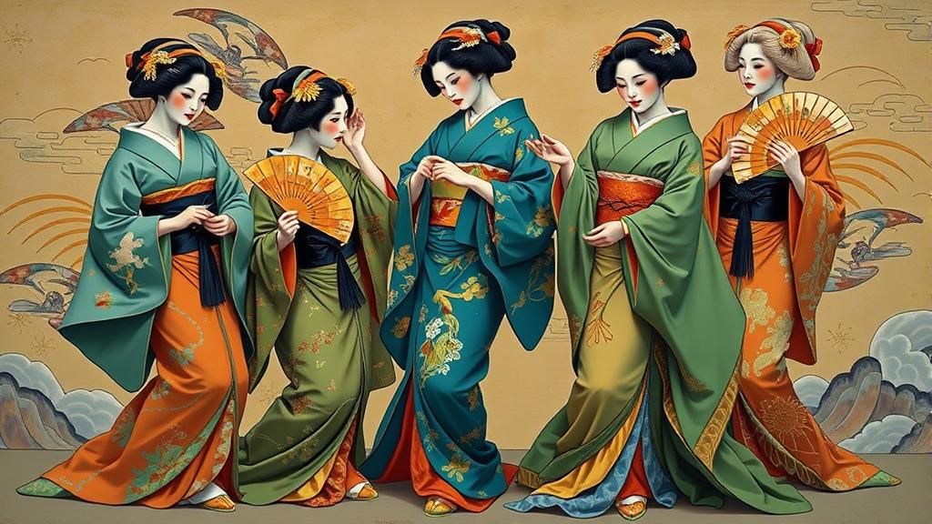 Geishas Performing Traditional Dance in Art Nouveau Style