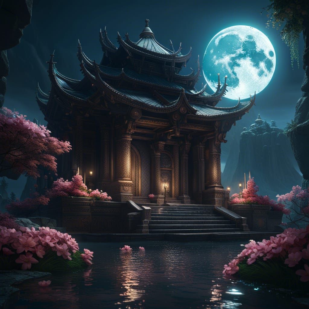 Fantasy Temple Under Moon with Flowers
