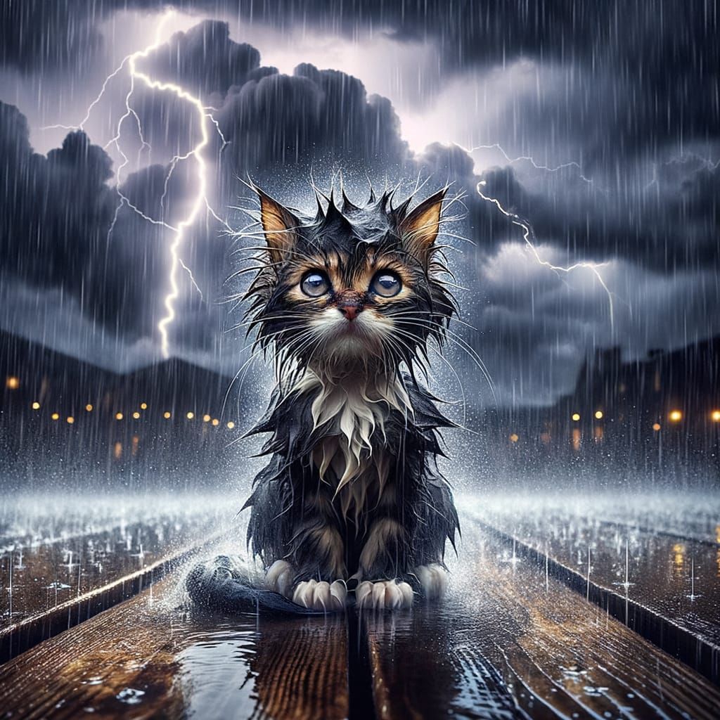 Soggy Cat Bravely Faces a Lightning Storm