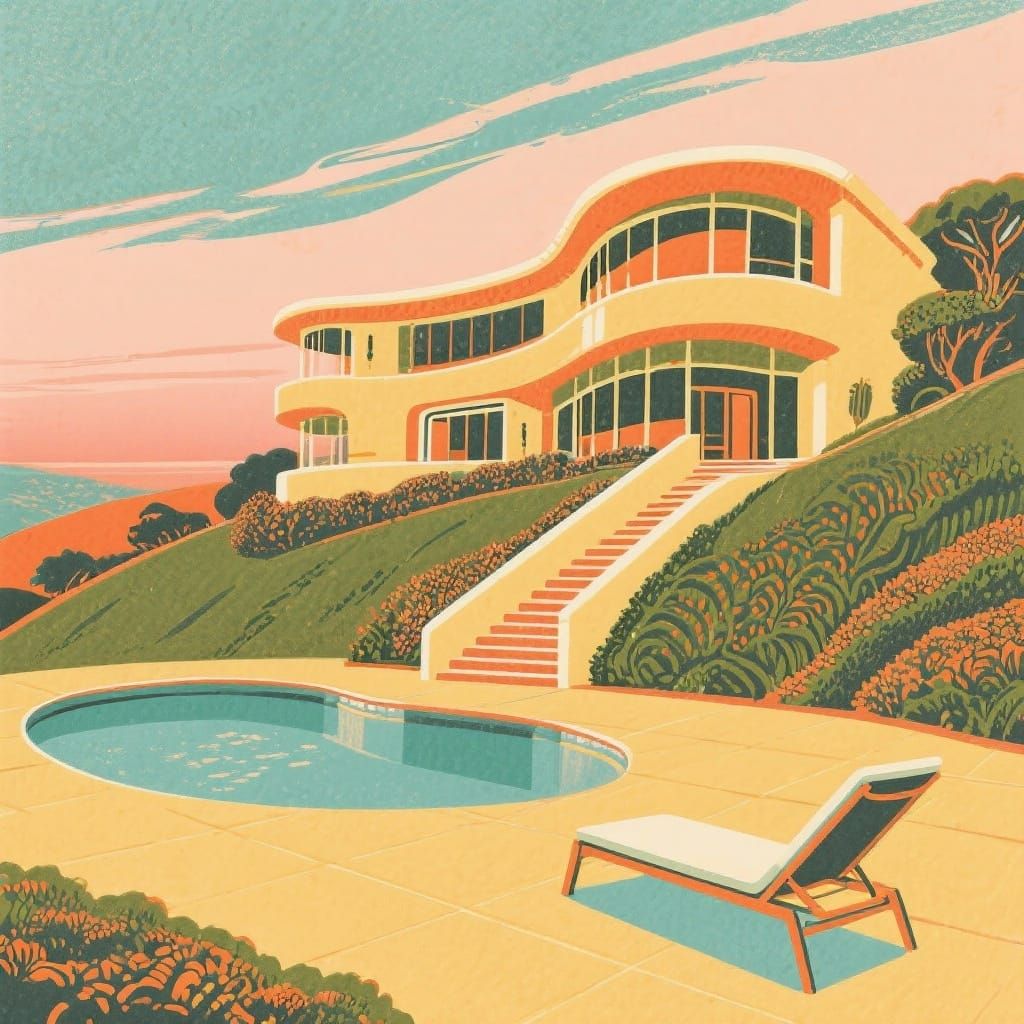 Mid-Century Mansion with Pool at Dawn