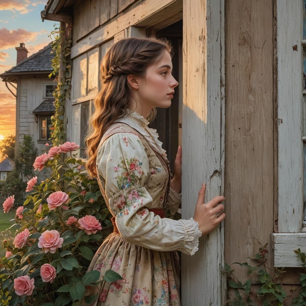 Victorian Girl at Sunset in Impasto Style