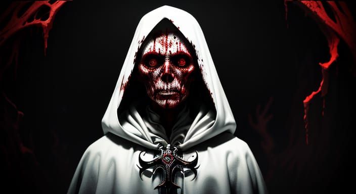 Eerie Horror Art: Tall Figure in Blood-Dipped Cloak