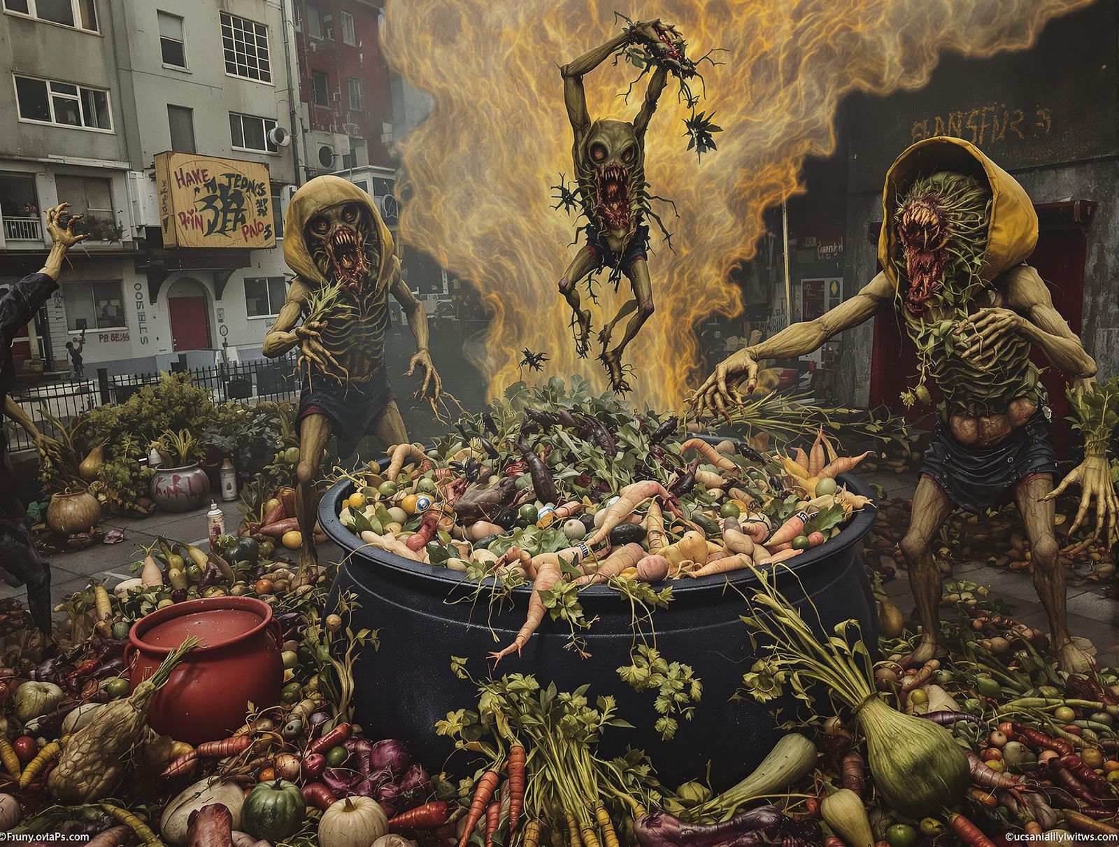 Surreal Cauldron Scene: Degenerate Figures Cook Low Foods