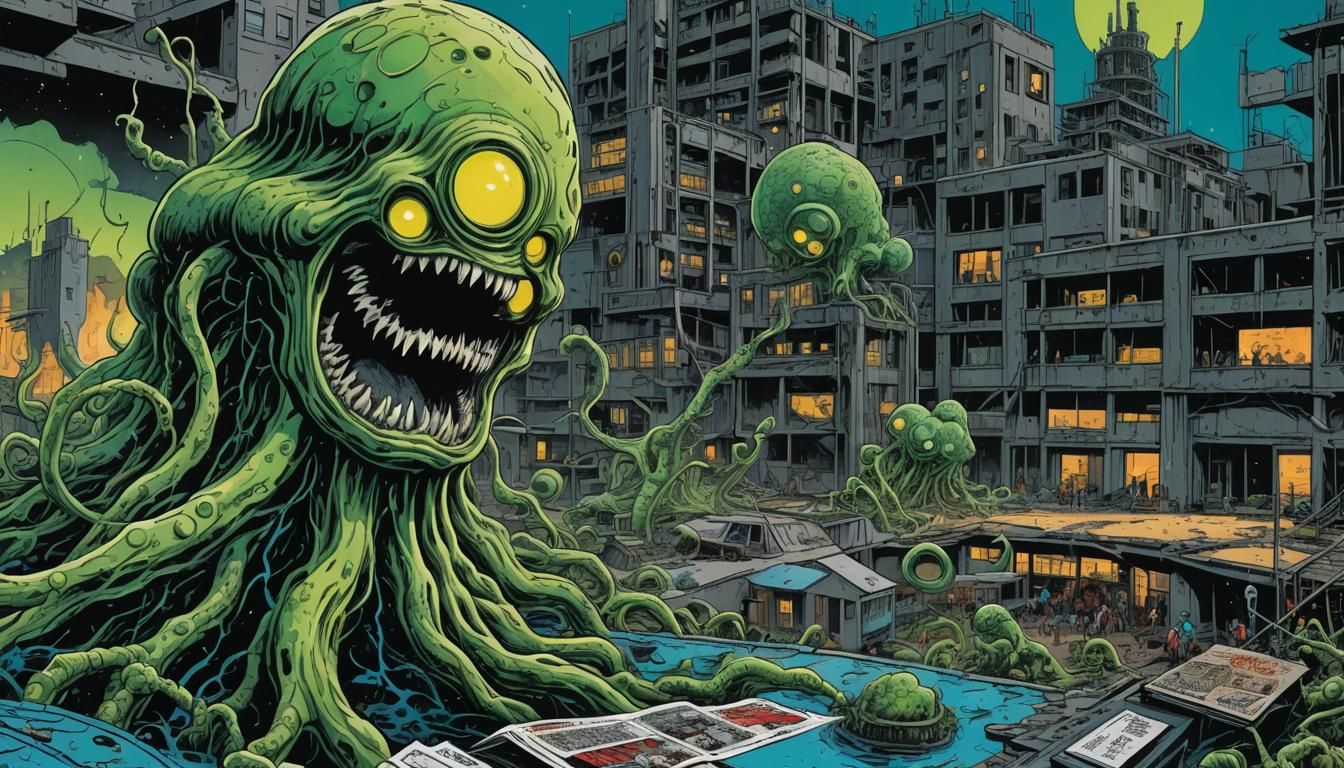 Giant Space Amoeba Engulfs Mall in Comic Book Style