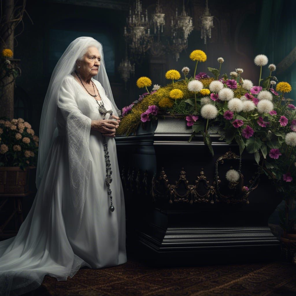 Creepy Old Woman in Wedding Dress by Coffin