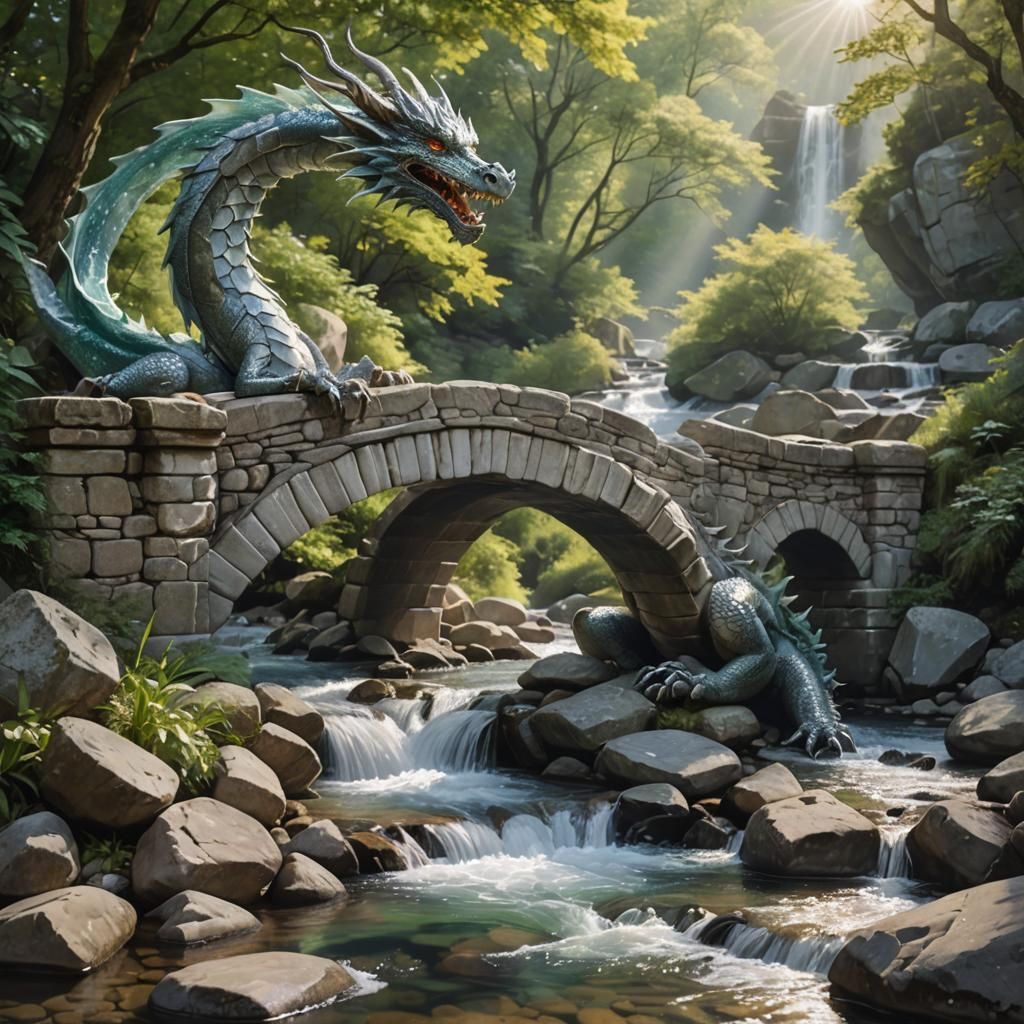 A Dragon on a stone bridge arching over a babbling brook, with crystal clear water and a cascading over smooth rocks.