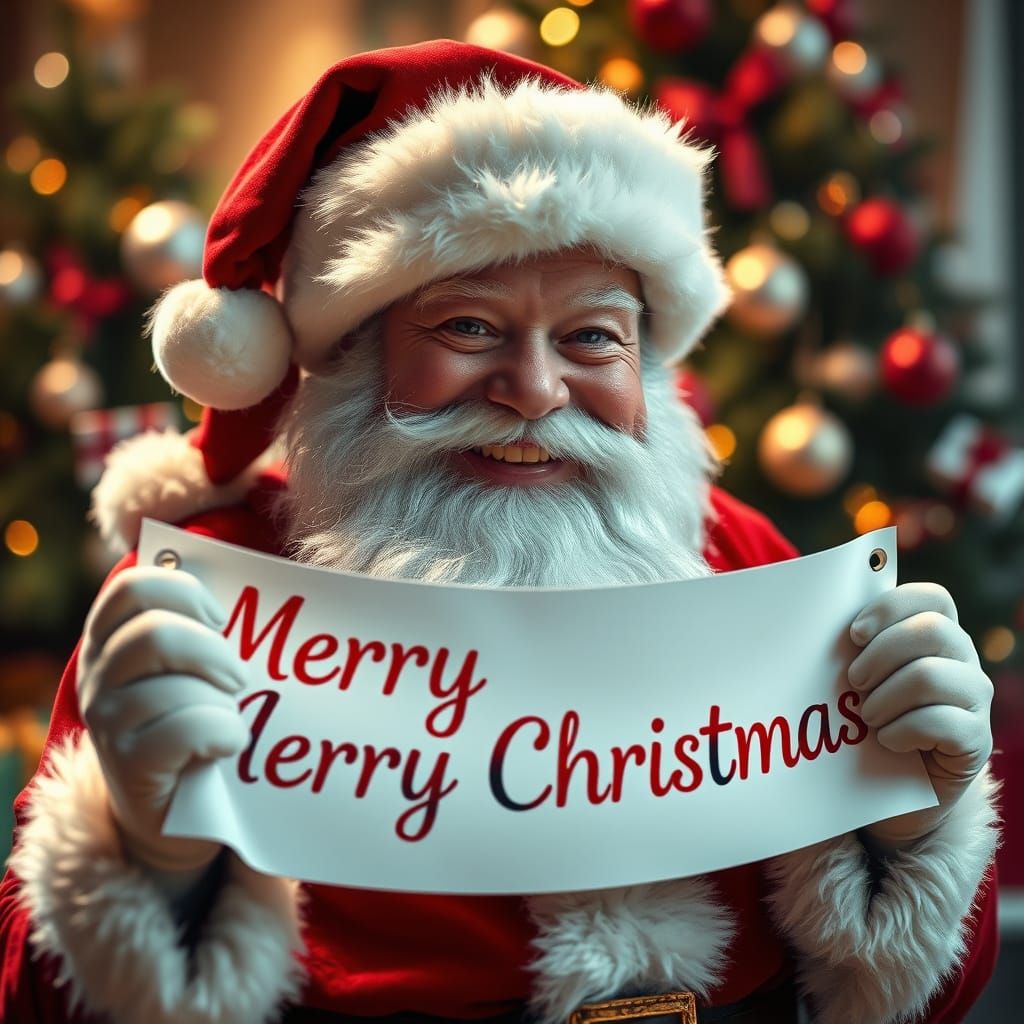 Hyperrealistic Santa Claus Holding Merry Christmas Banner