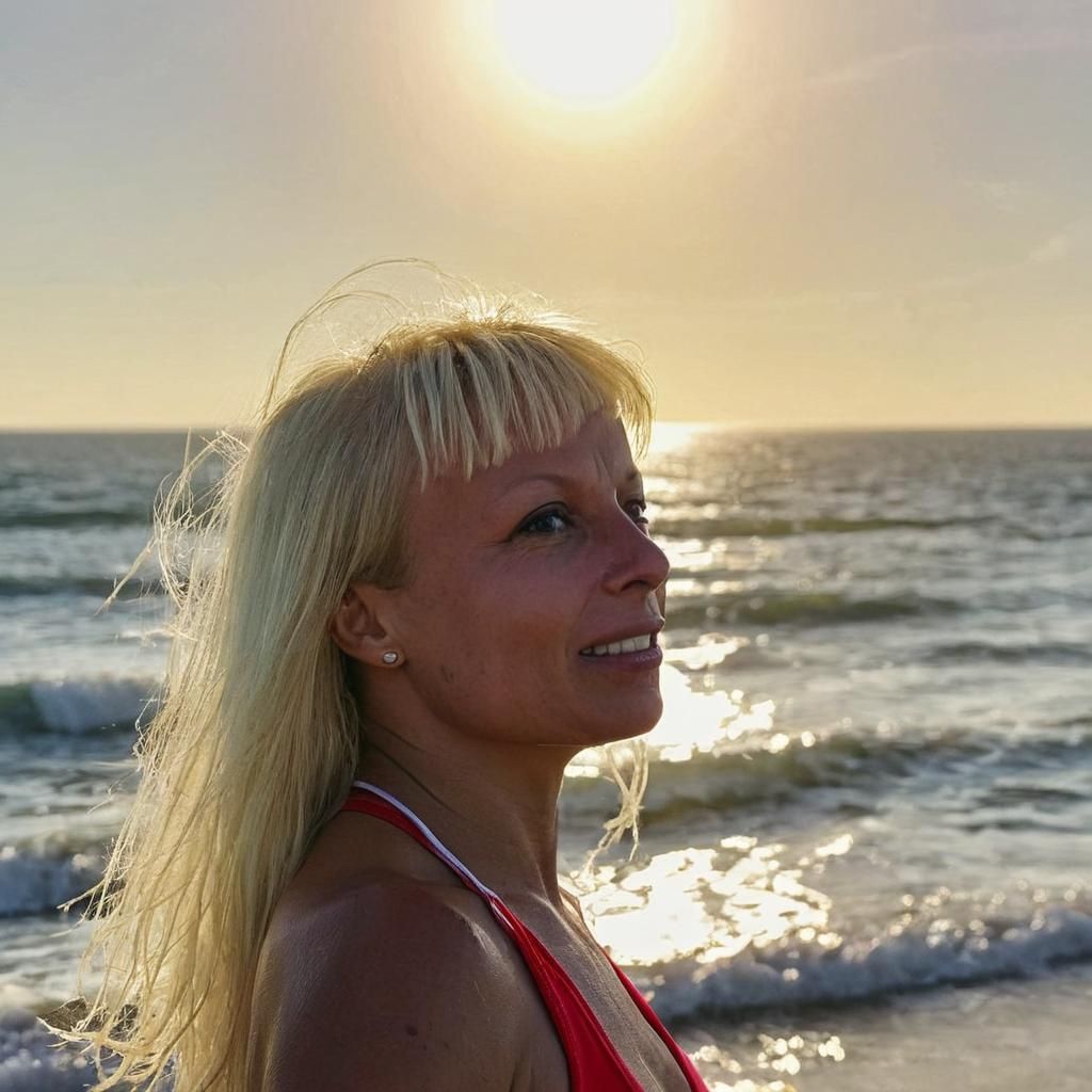 Glamorous Baywatch Babe at Sunset: 80s Beach Portrait