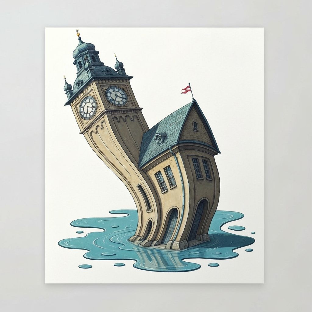 Melting Clock Tower Surreal Art on Hot Summer Day