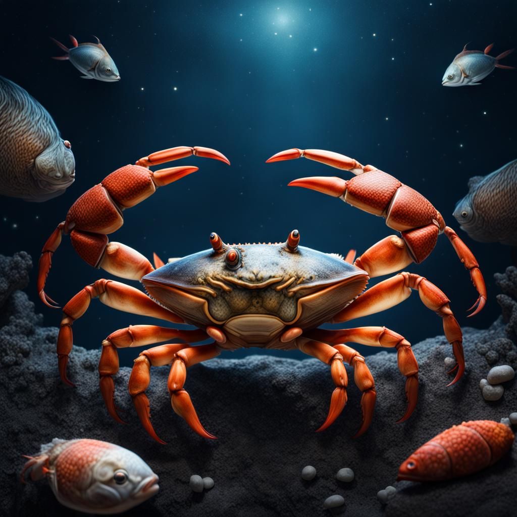 Zodiac crab swimming with fish under the stars