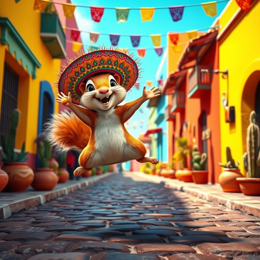 Cheerful Squirrel in Sombrero Leaping in Mexican Village
