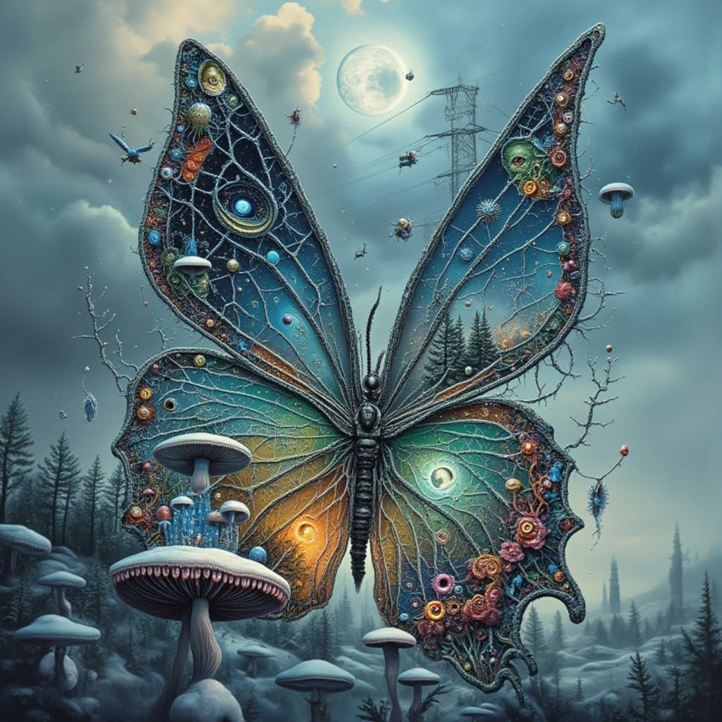 Fractal Man with Butterfly Wings in Electric Sky