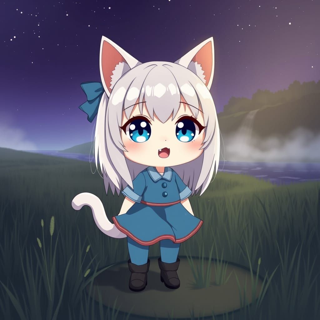 Kawaii Catgirl in Ohio Field Under Starry Night Sky