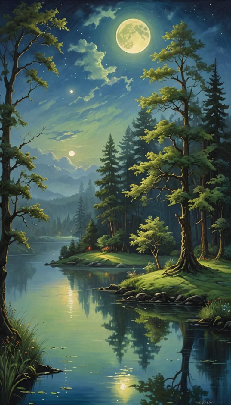 Ethereal Moonlit Landscape in Oil Painting Style