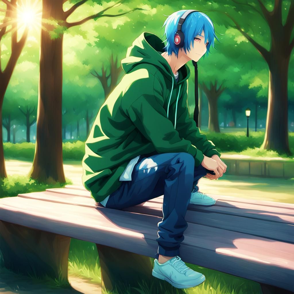 Anime Boy on Park Bench in Realistic Anime Style