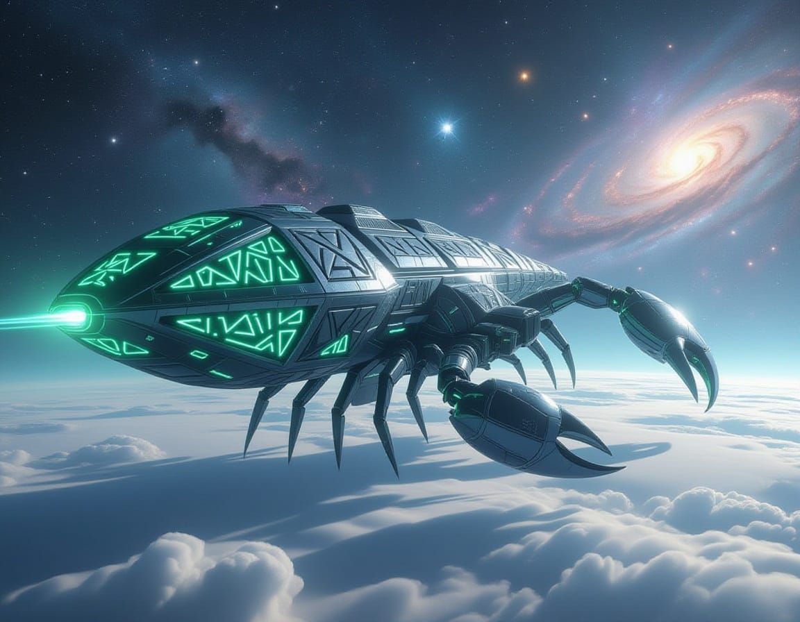 Colossal Chrome Scorpio Spaceship in Cosmic Void