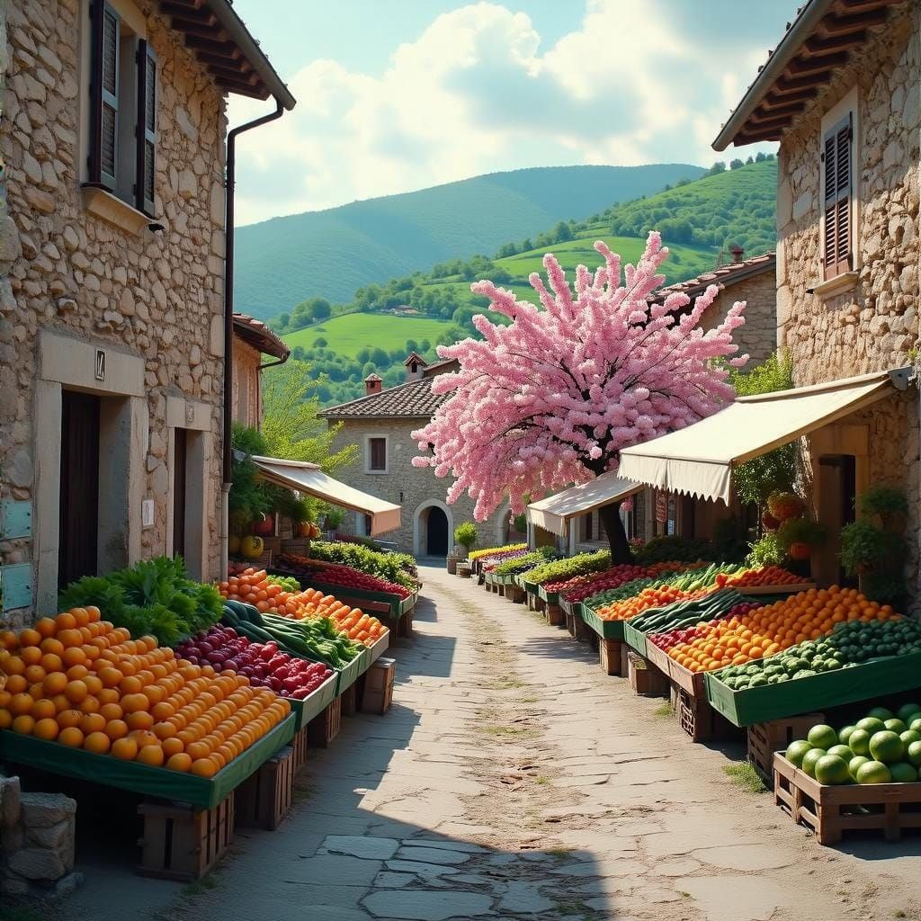 Bustling Italian Market Scene Amidst Cherry Blossoms