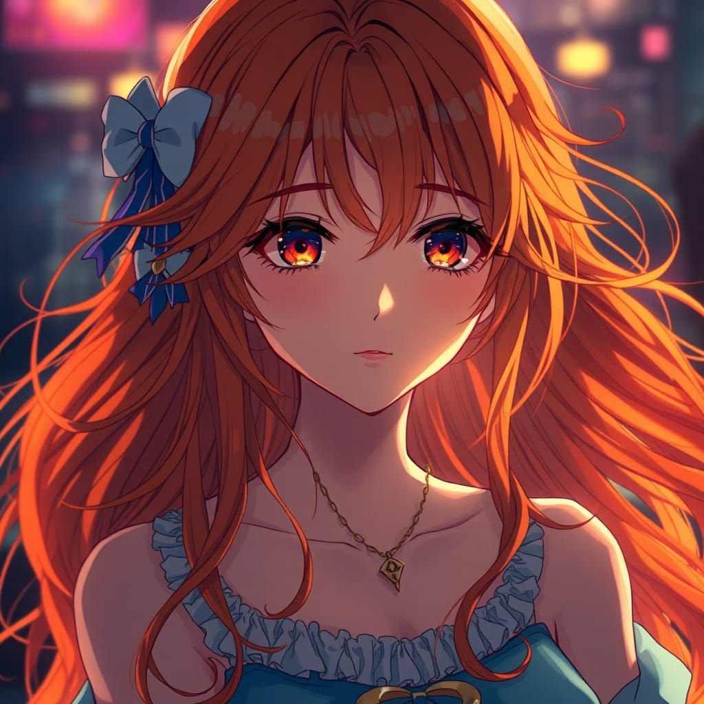 Anime Girl with Flowing Orange Hair, Digital Art