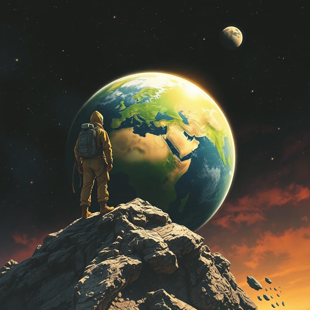 Terraformed Earth from the Moon in Steadman Style