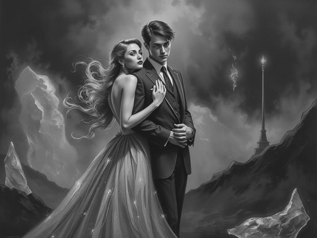 Fiery Embrace in Surreal Landscape as Oil Painting