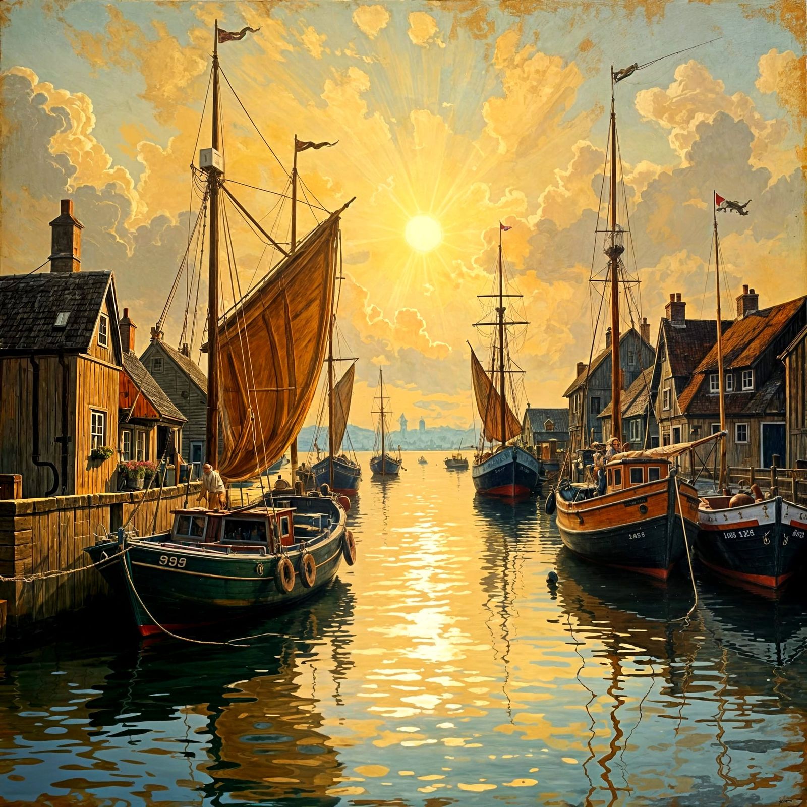 Fishing Village Harbour in Rembrandt Style Oil Painting