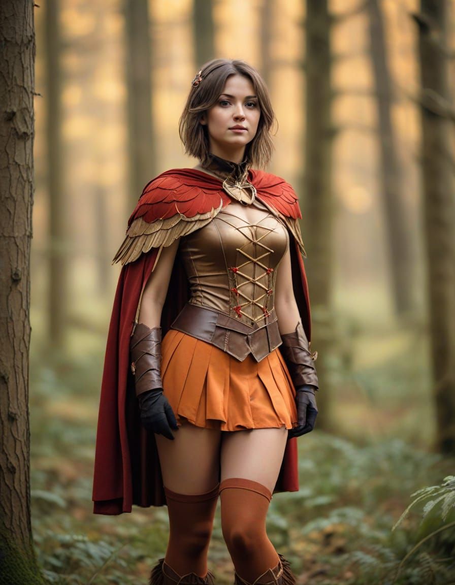 Robin Cosplayer in Forest Clearing, Whimsical Realism