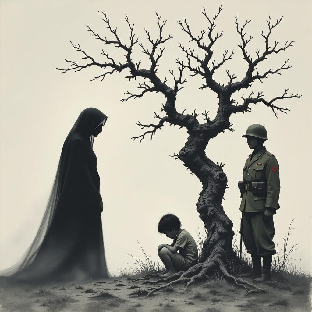 Ghostly Mother and Child Beside Leafless Tree