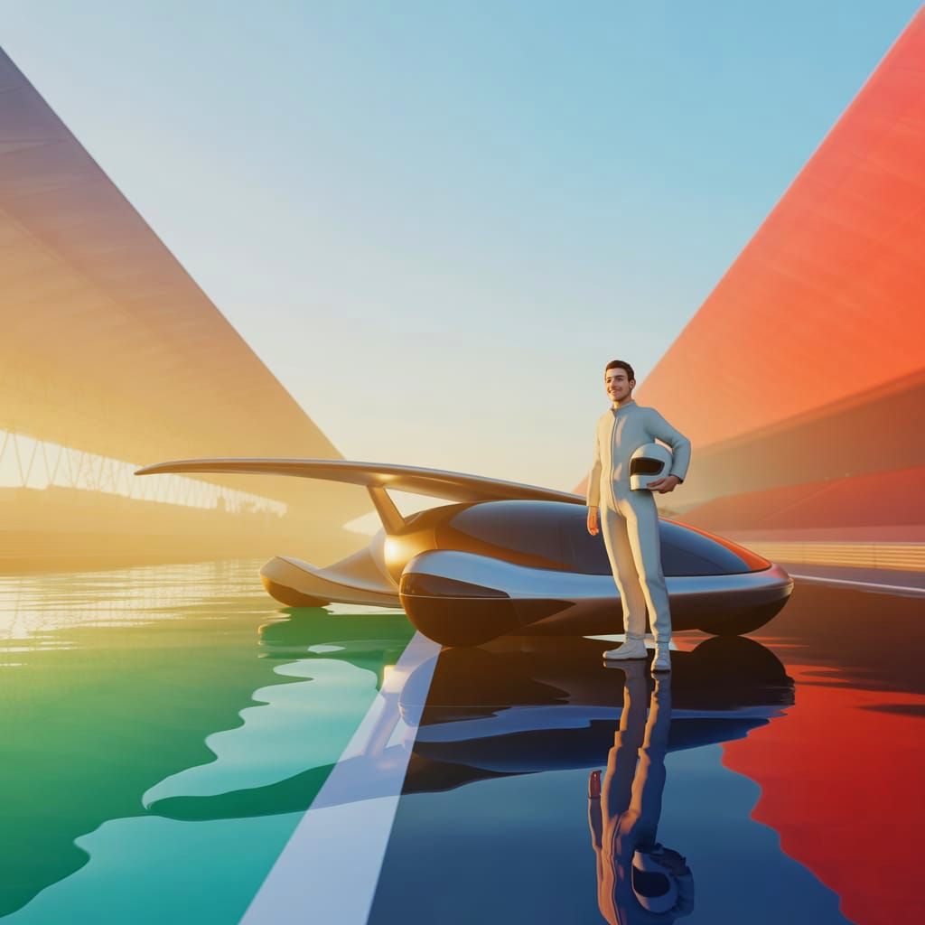 Amphibious Flying Vehicle with Confident Driver at Dawn