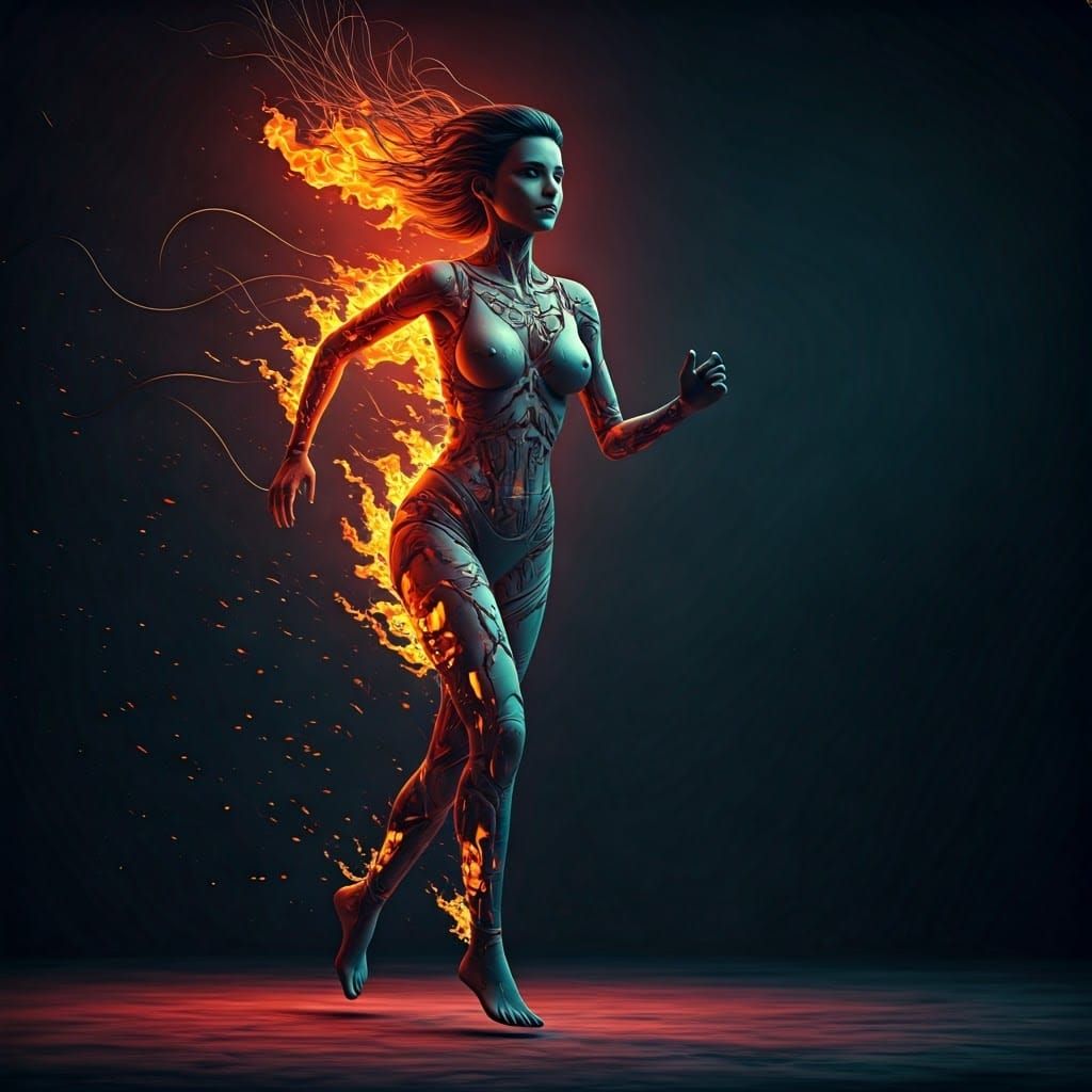 Woman Running in Dystopian Cyberpunk Landscape