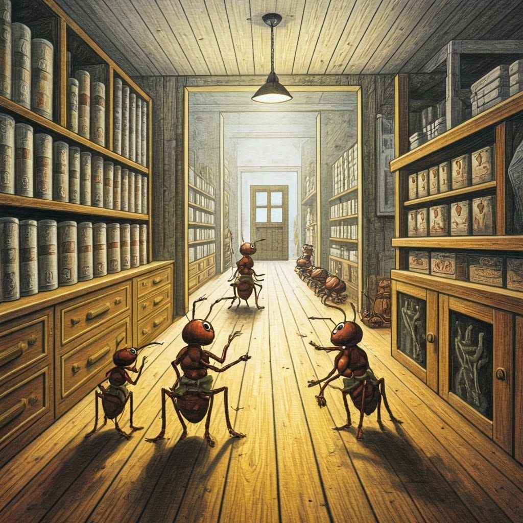 Whimsical Watercolor Illustration of Ants in Khaki