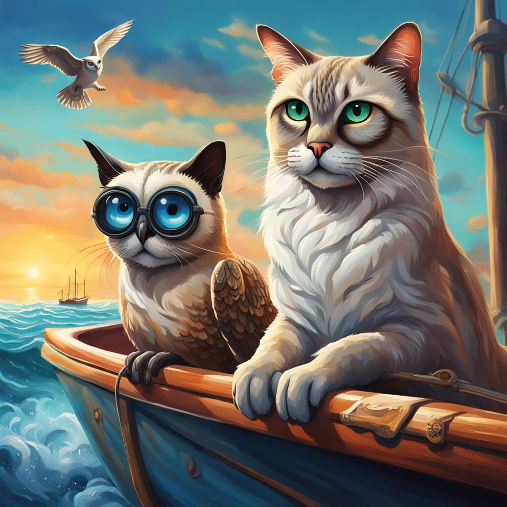 Seal Point Siamese Cat and Owl on the Sea