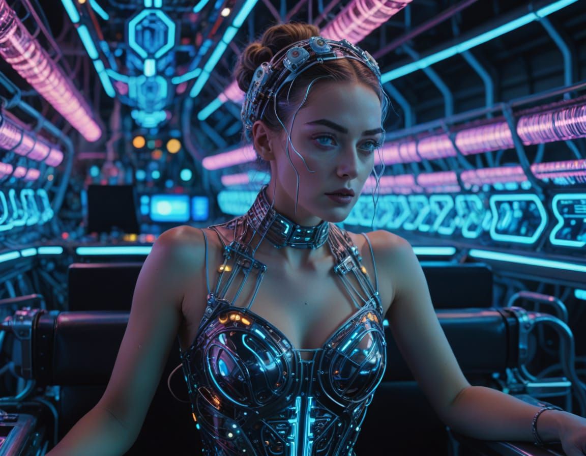 Cybernetic Woman on Conveyor Belt in Cyberpunk Style