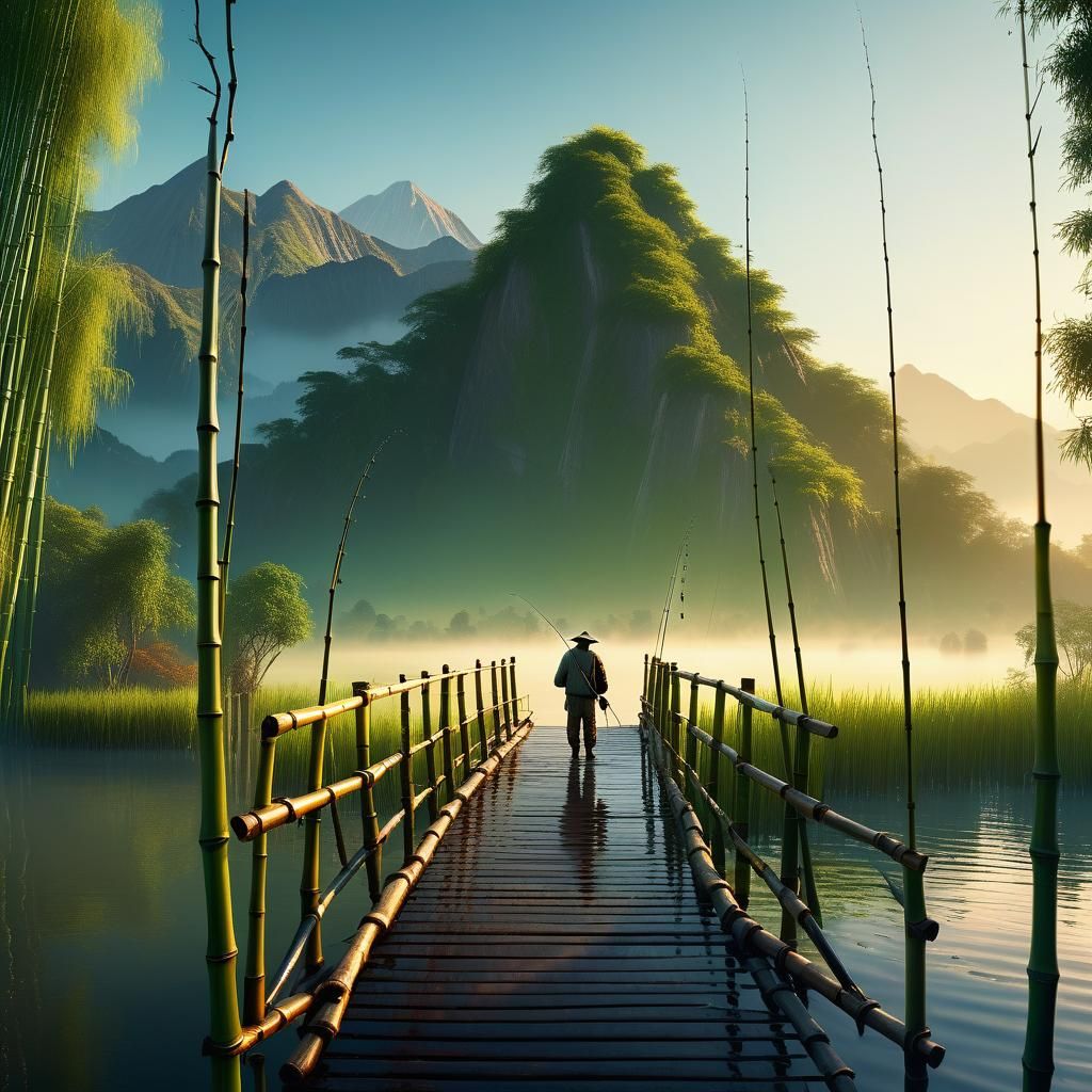Angler on Misty Bamboo Bridge at Sunrise