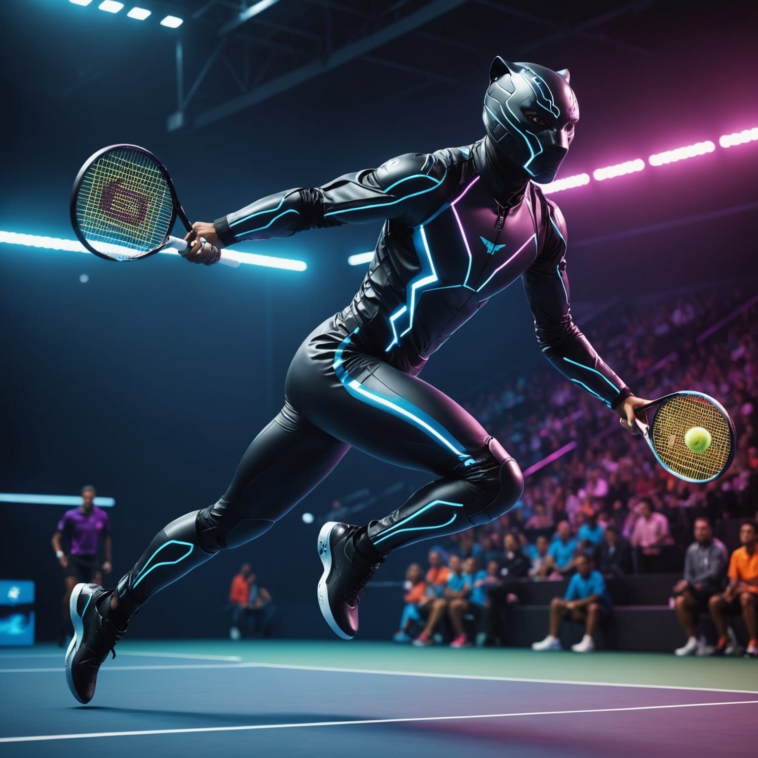 Futuristic Panther Tennis Player on Holographic Court