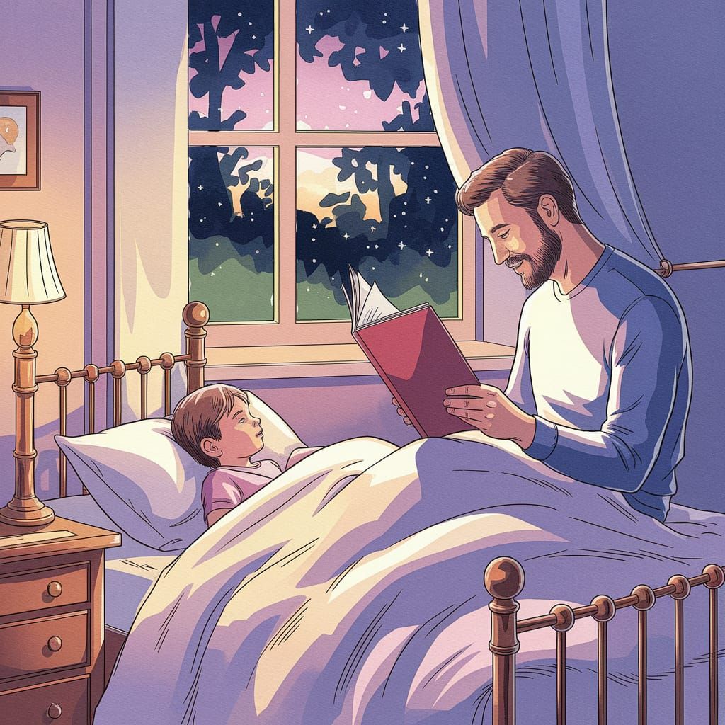 Father Reading Bedtime Story: Watercolor Painting