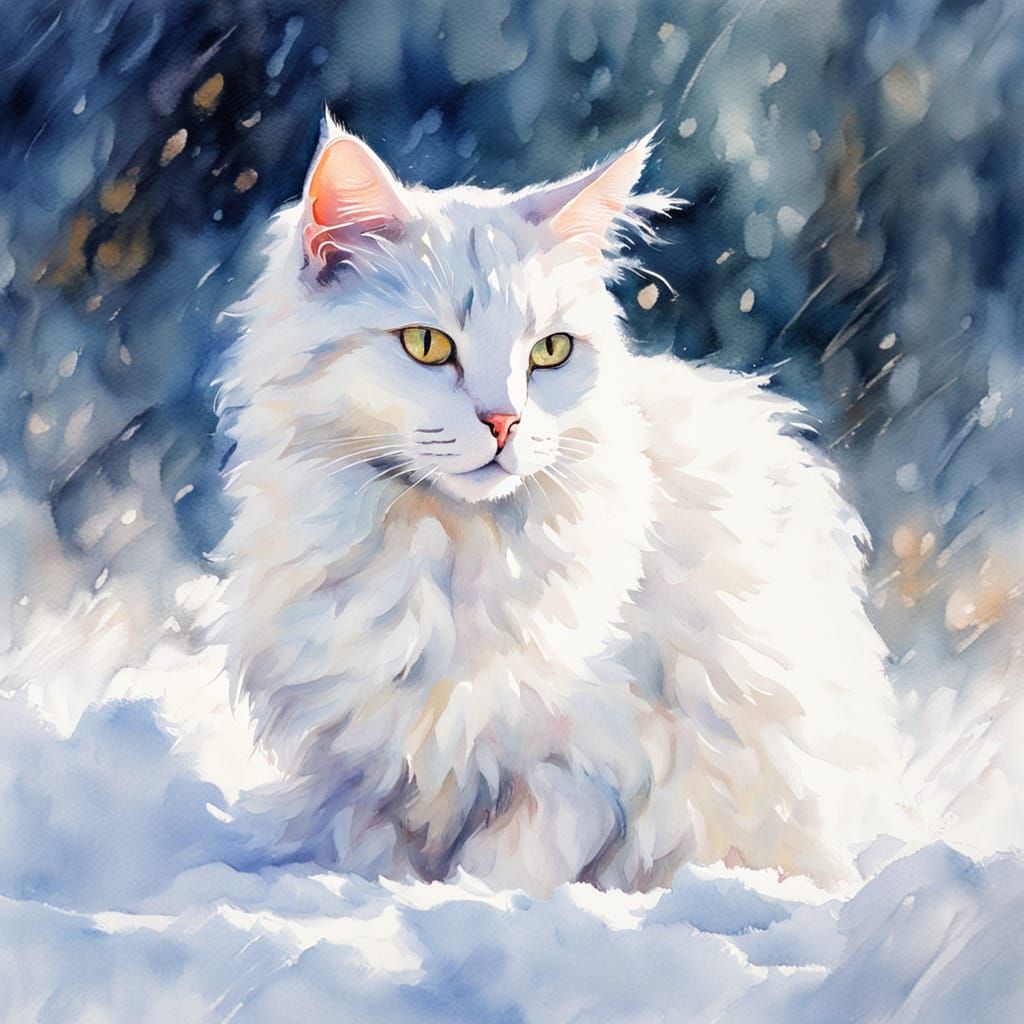 White Cat in Snow: Impressionist Watercolor Masterpiece