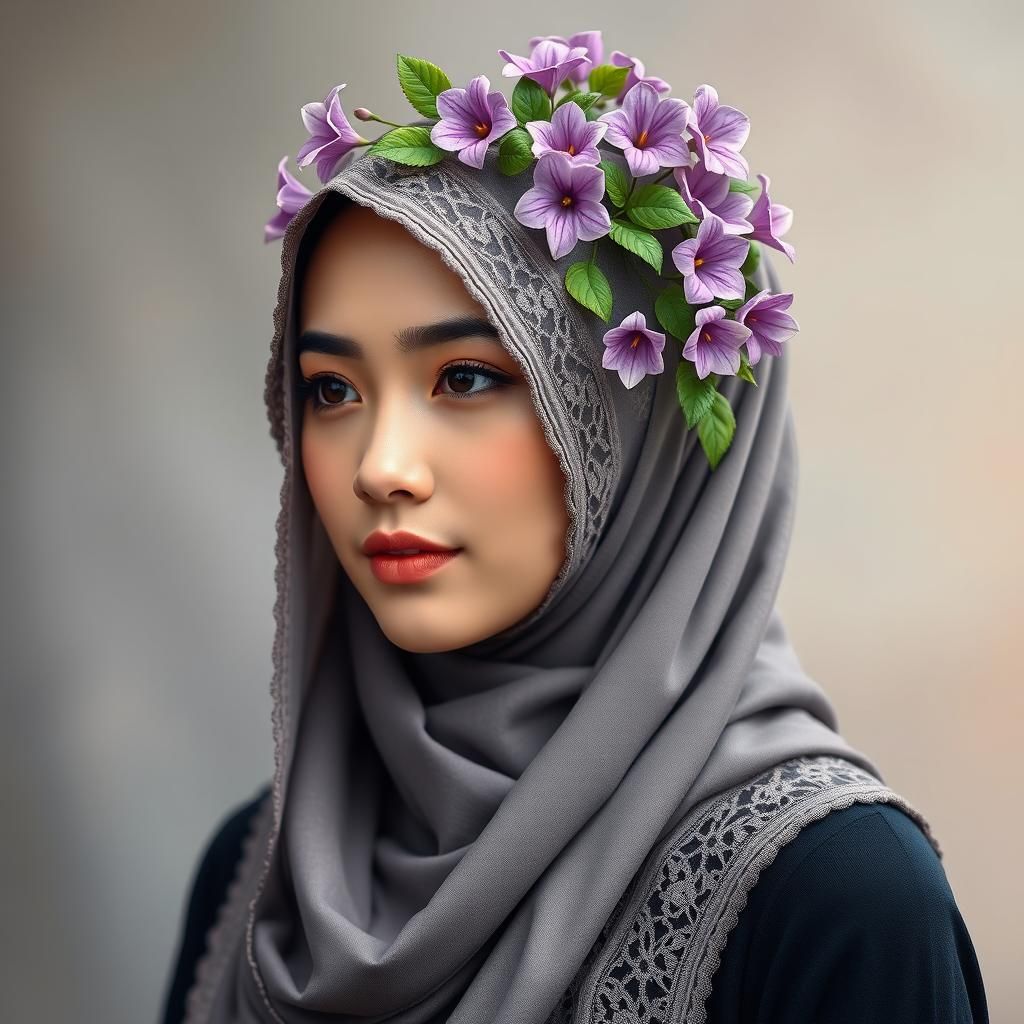 Digital Art of Hijab Girl with Flowers and Lace