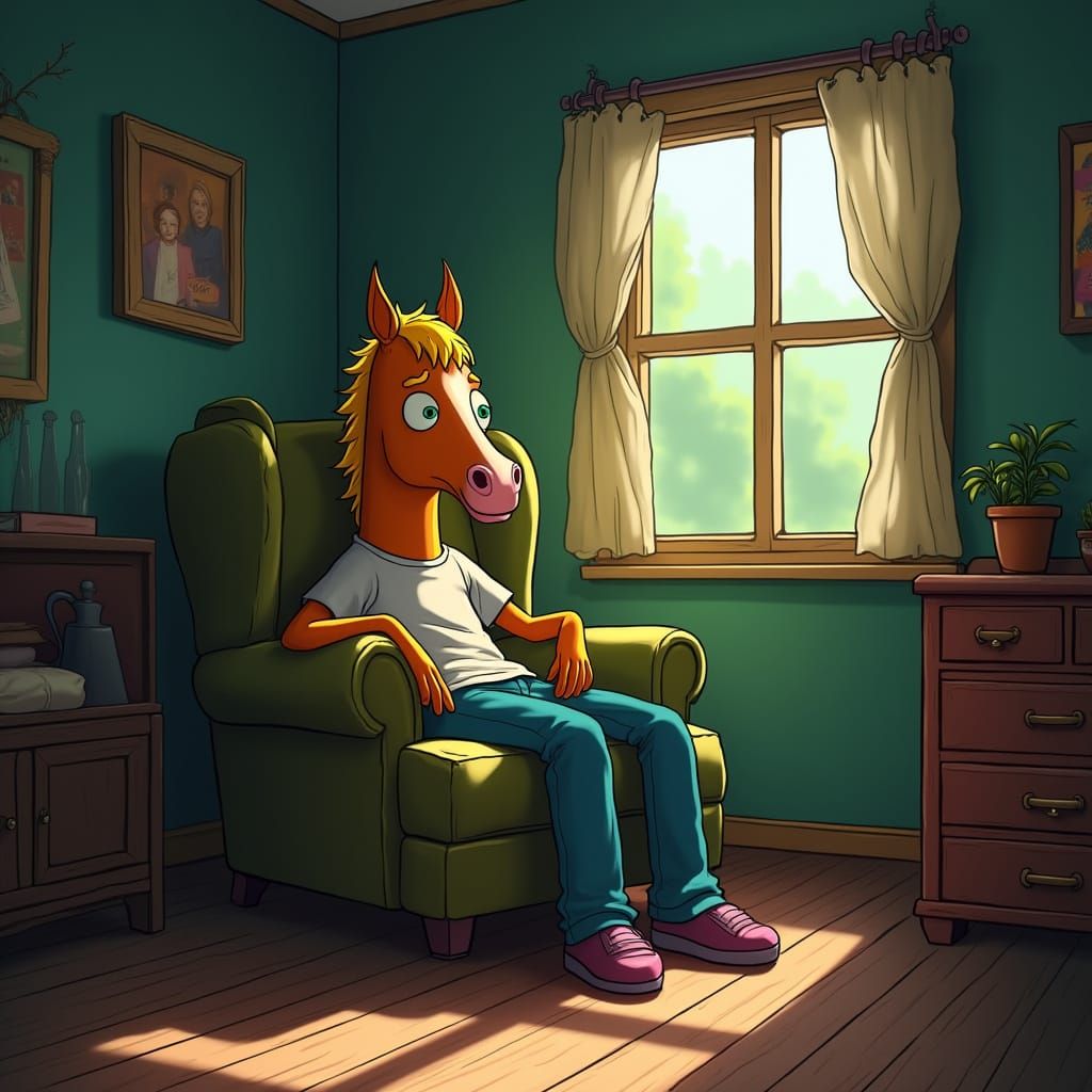 Youthful BoJack Horseman in a 70s-Inspired Bedroom Scene