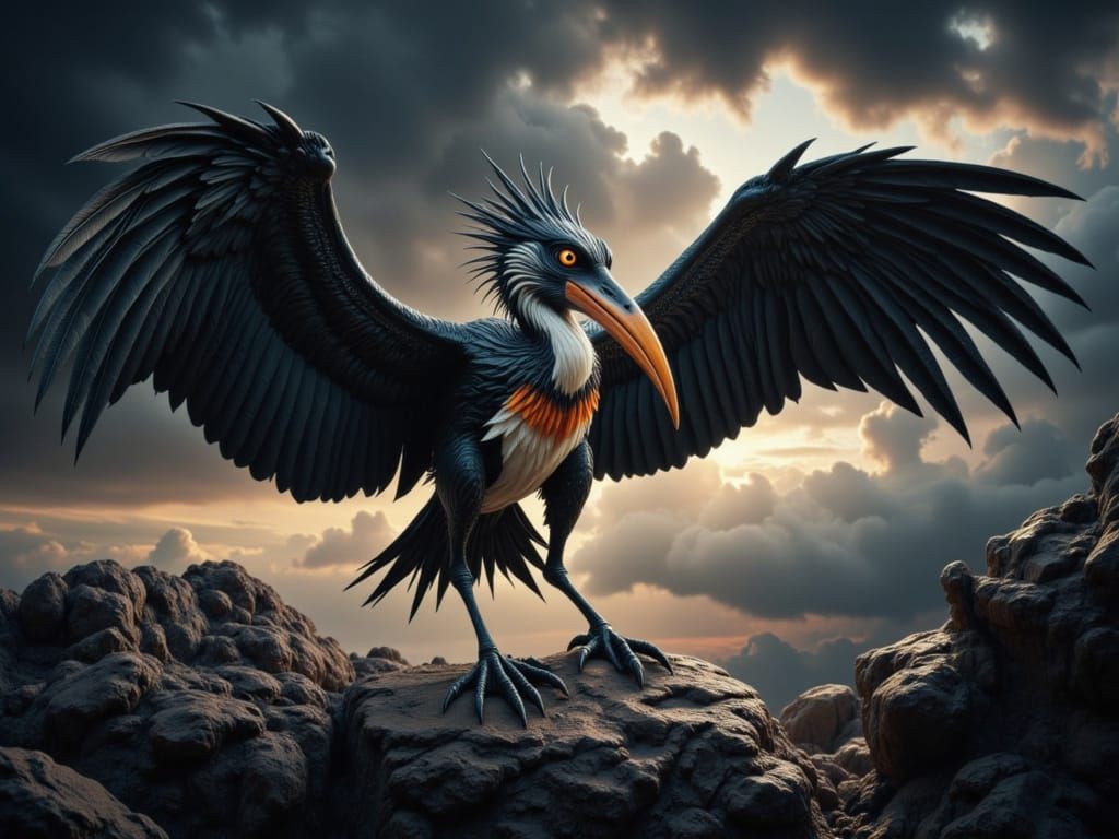 Cyberpunk-Style Hybrid Creature Soars Above Rocky Landscape