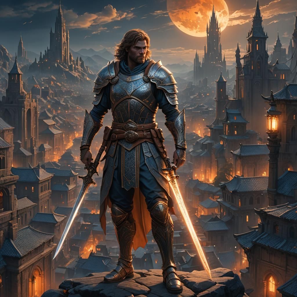 Mystical Warrior in Graphic Novel Cityscape