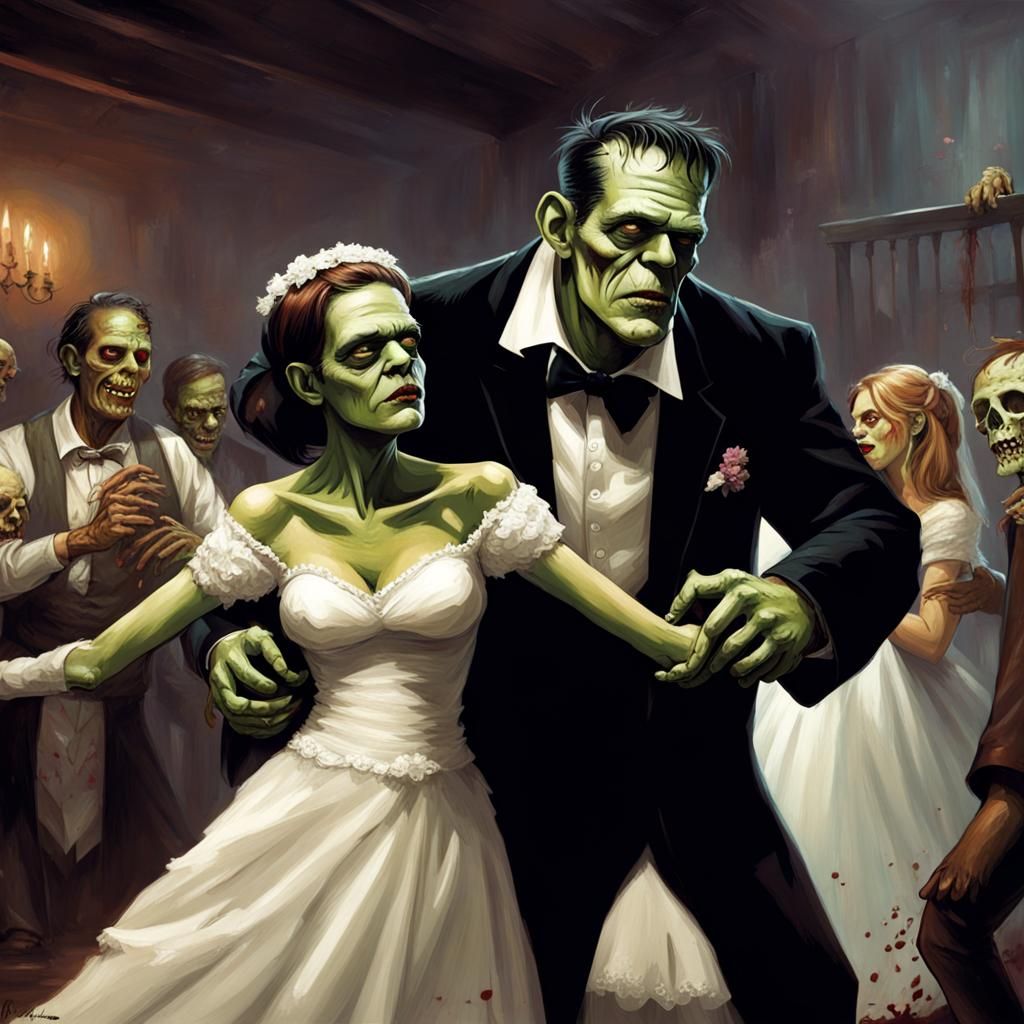 Frankenstein's Monster Dancing with His Bride