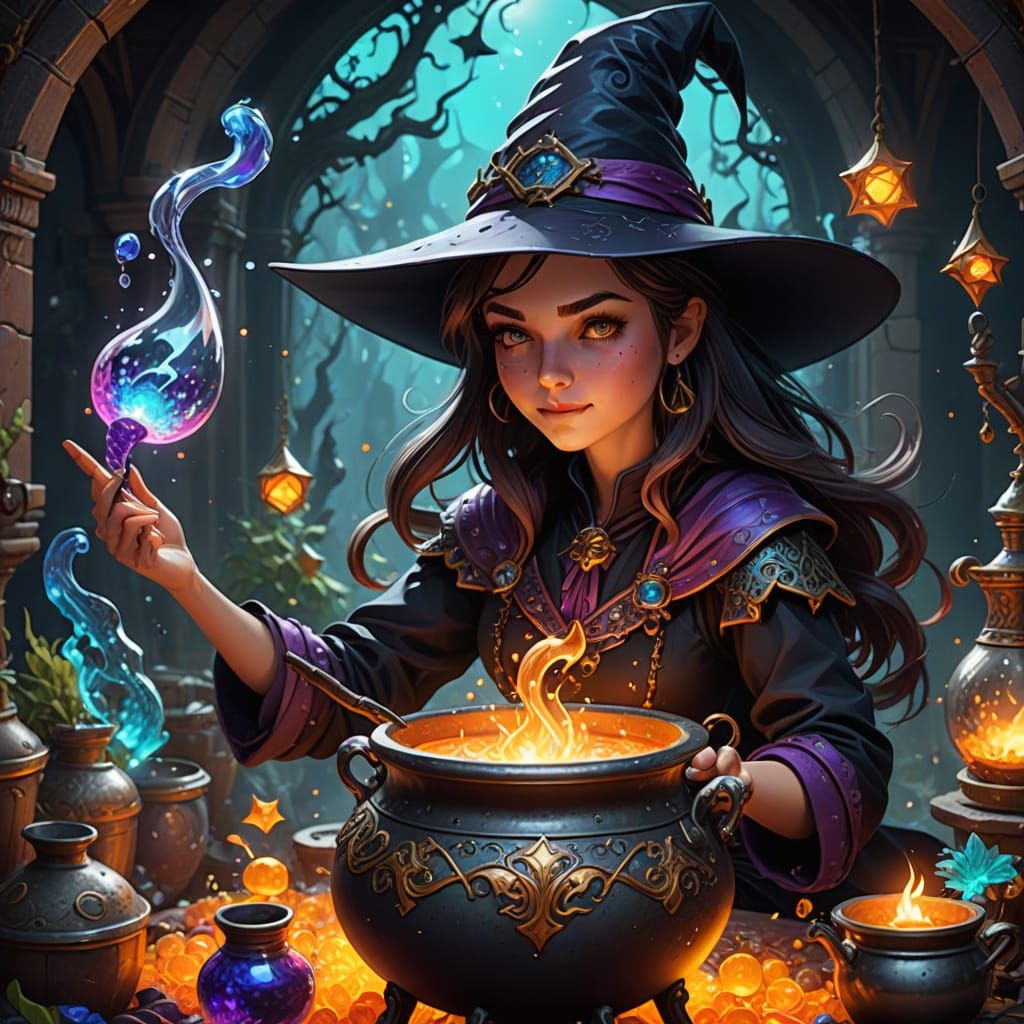 Whimsical illustration. Close-up. A cheerful young witch wit...