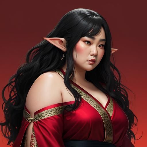 Hyperrealistic Portrait of Elf-Eared Woman in Red Dress
