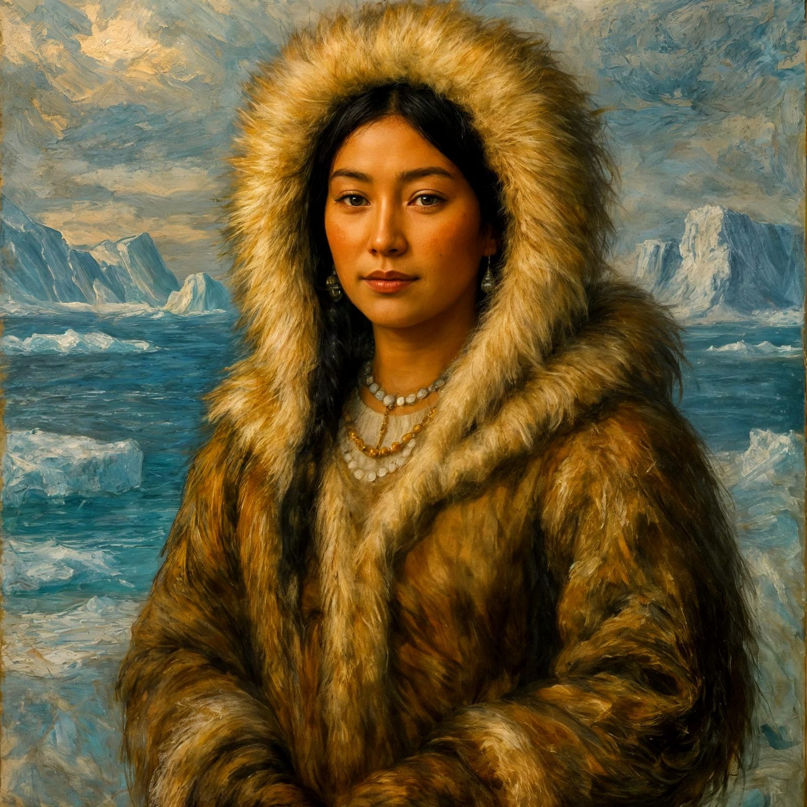 Inuit Woman in Arctic Landscape Oil Painting