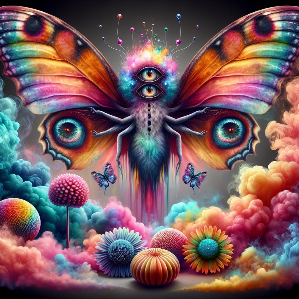 uniquely strange fairy,  three eyes, flowers, smoke, large b...